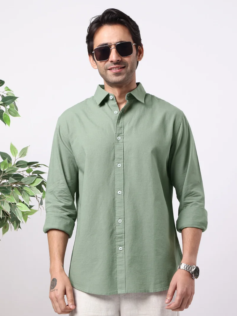 Maniac Maniac Solid Mens Collared Neck Full Sleeve Cotton Linen Green Shirt